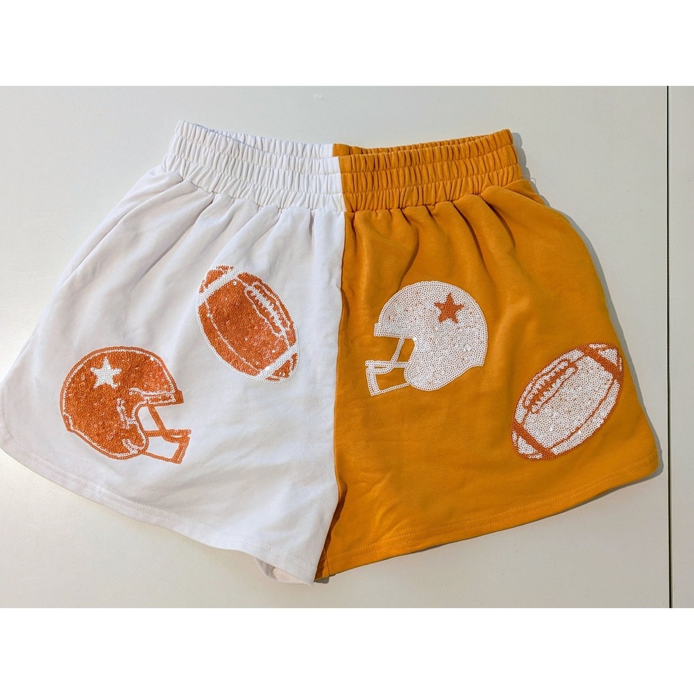 Fantastic Fawn Orange White Colorblock Football Sequin Sweat Shorts Medium